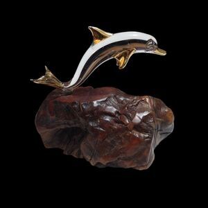 Glass Baron Clear Dolphin Figurine on Burl Wood Base with 22-kt Gold Trim Accent